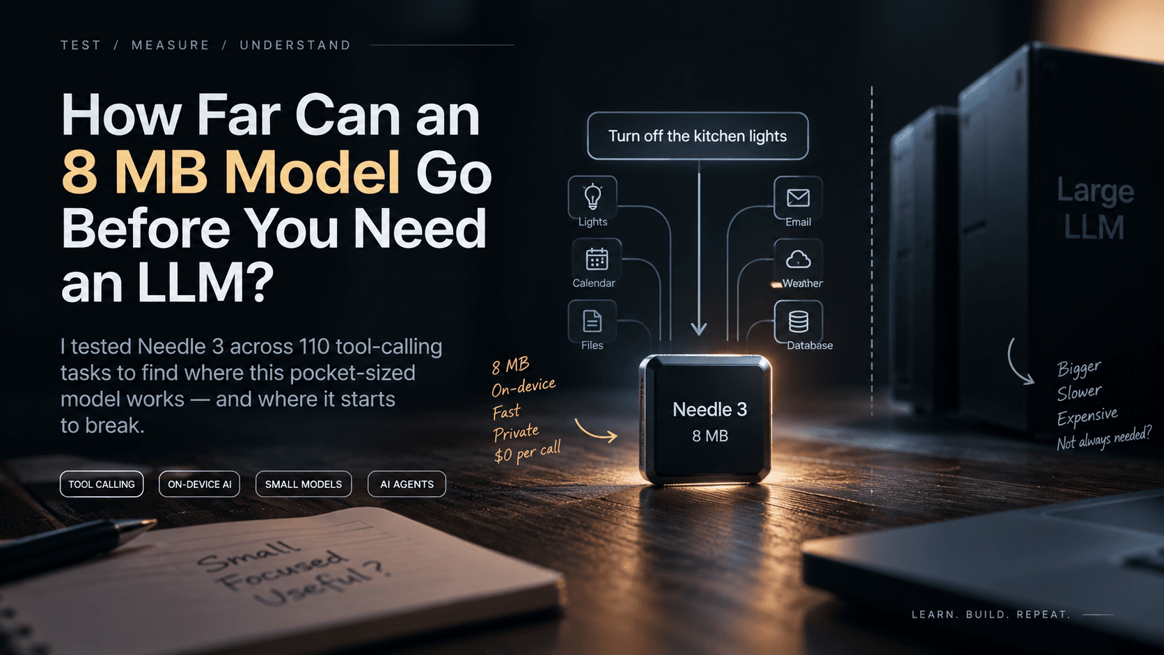 Needle 3 8 MB on-device AI model routing user requests to tools, contrasted with a large LLM.